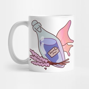 Pale Pink Wings: Glass Bottle with Violet Liquid, Amidst Floral Harmony Mug